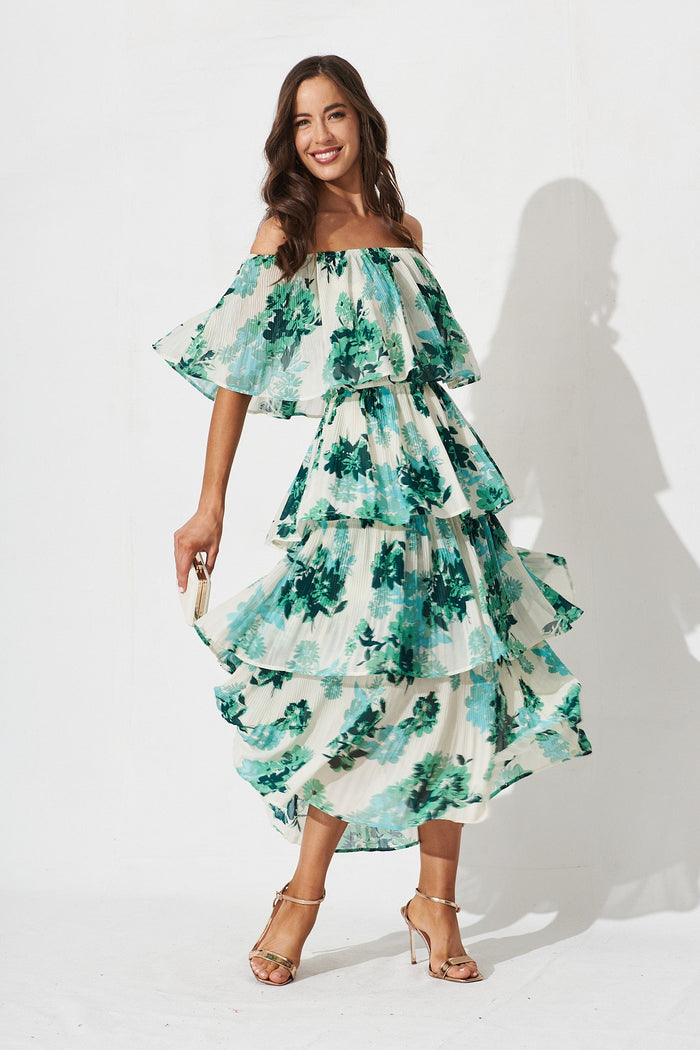 Scarlet Dress In White With Green Floral - full length