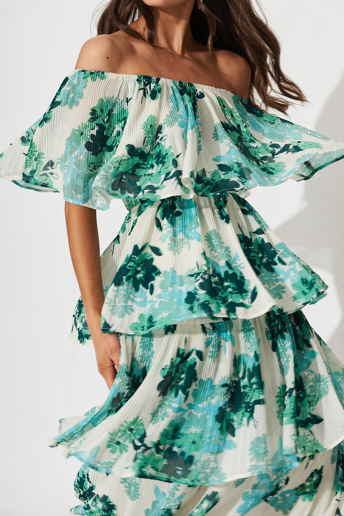 Scarlet Dress In White With Green Floral - detail