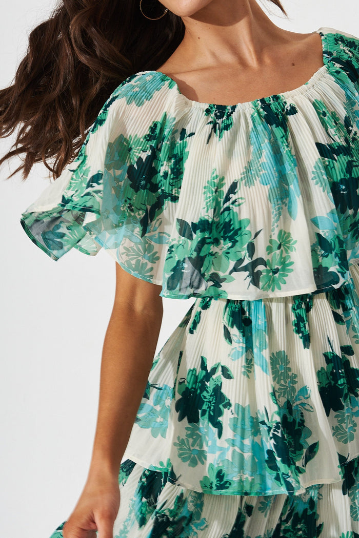 Scarlet Dress In White With Green Floral - detail
