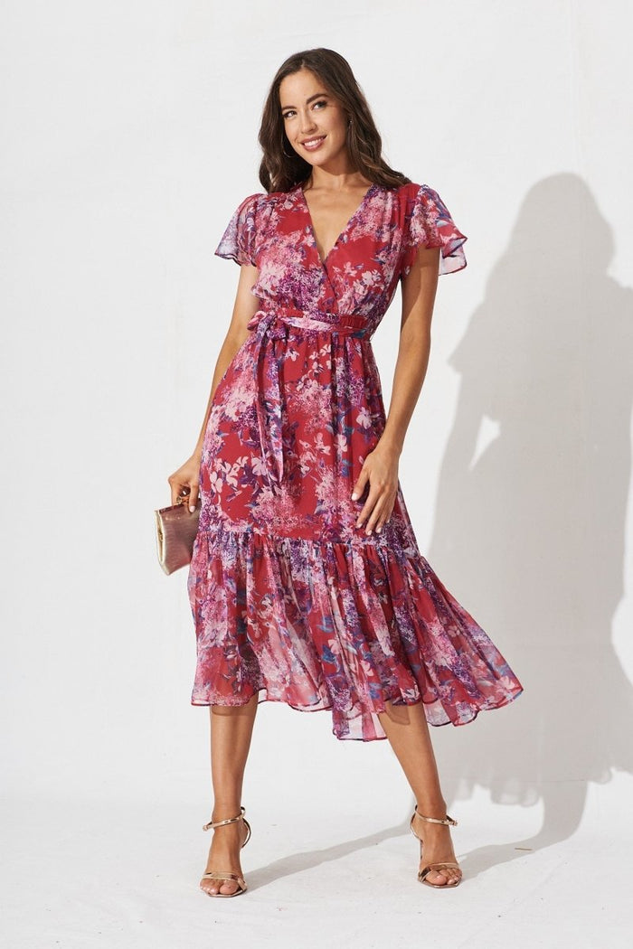 Brilie Mid Dress In Red With Blue Floral Chiffon - St Frock (Dev)