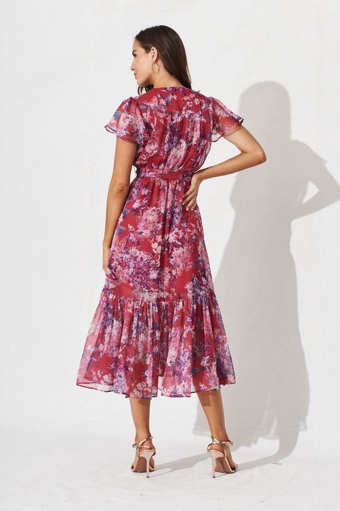 Brilie Mid Dress In Red With Blue Floral Chiffon - St Frock (Dev)