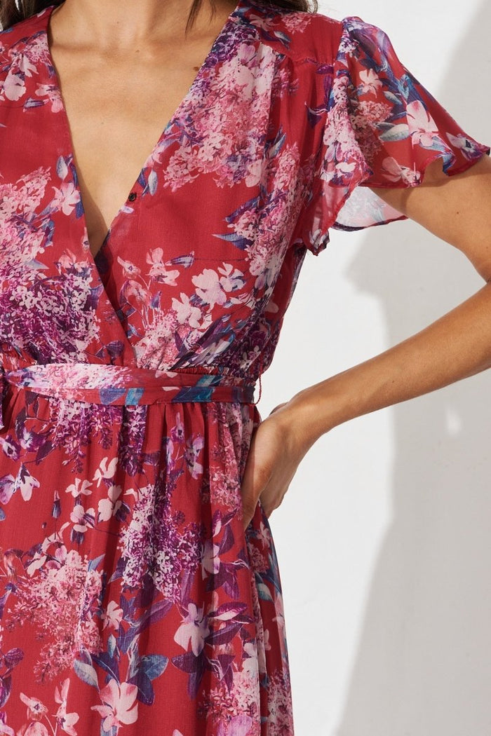 Brilie Mid Dress In Red With Blue Floral Chiffon - St Frock (Dev)