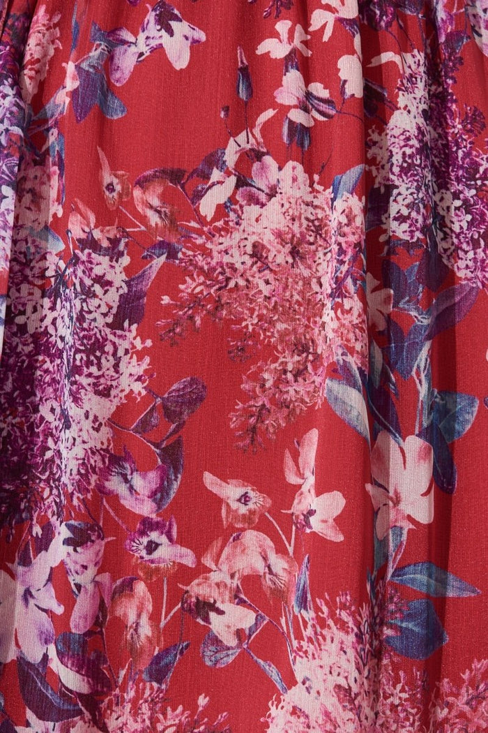 Brilie Mid Dress In Red With Blue Floral Chiffon - St Frock (Dev)