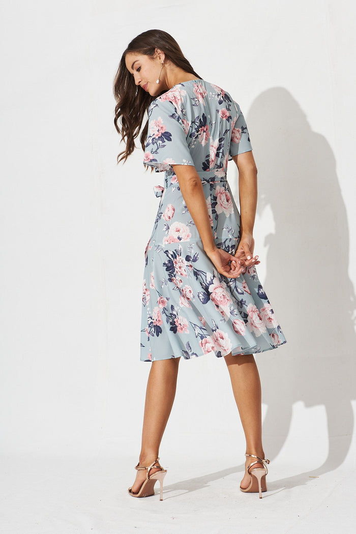 Lacey Wrap Dress In Blue With Pink Floral - back