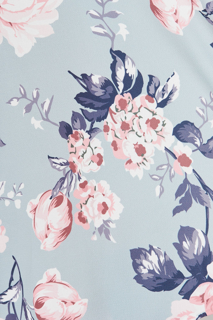 Lacey Wrap Dress In Blue With Pink Floral - fabric