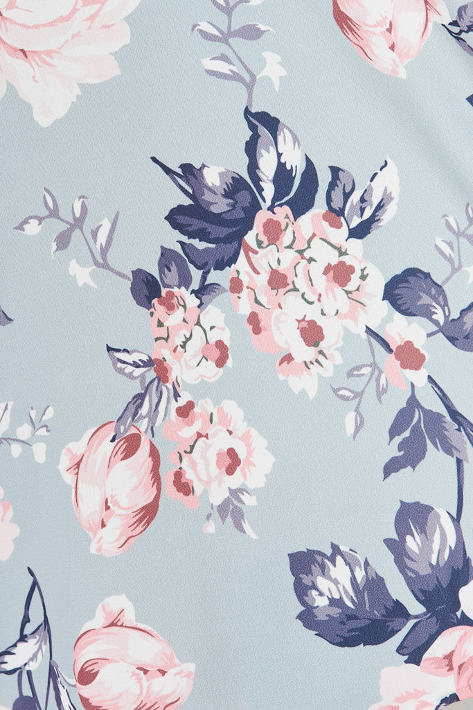 Lacey Wrap Dress In Blue With Pink Floral - fabric