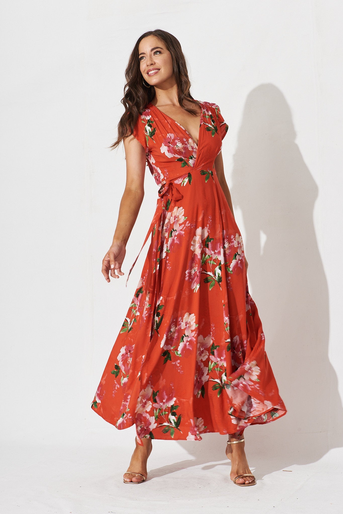 Aubryenne Maxi Wrap Dress In Red And Pink Floral - full length