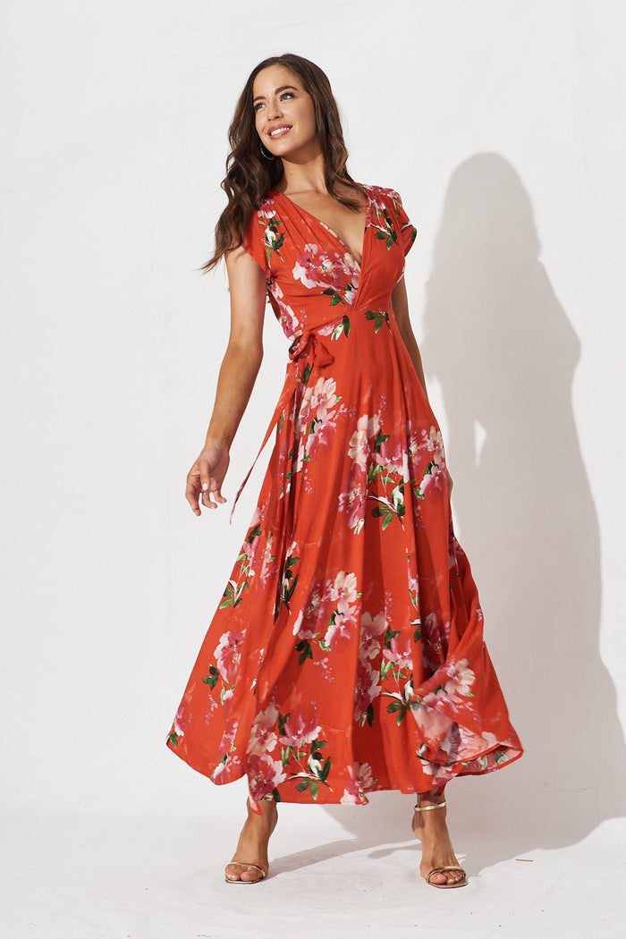 Aubryenne Maxi Wrap Dress In Red And Pink Floral - full length
