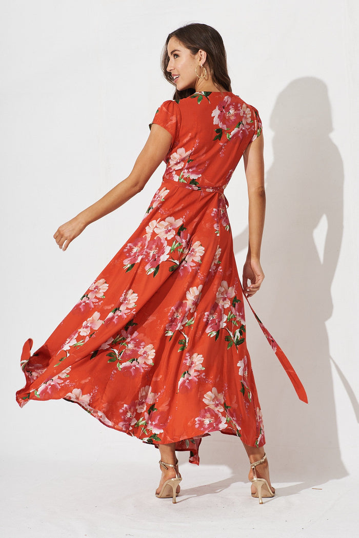 Aubryenne Maxi Wrap Dress In Red And Pink Floral - back