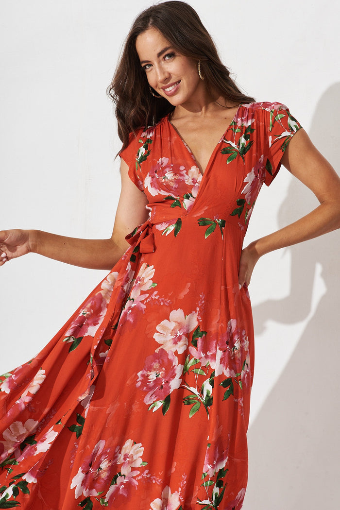 Aubryenne Maxi Wrap Dress In Red And Pink Floral - front