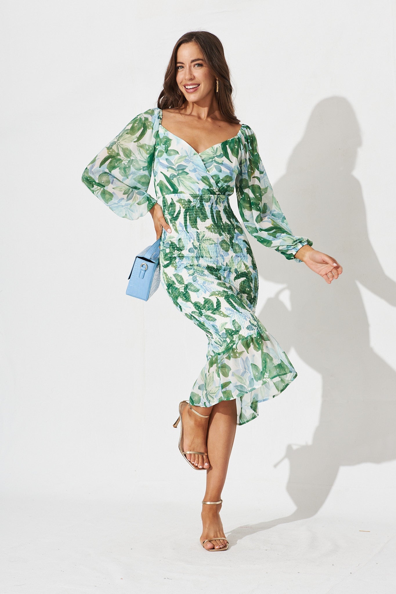Bernadine Midi Dress In White With Green Floral - St Frock (Dev)