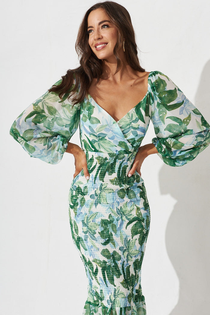Bernadine Midi Dress In White With Green Floral - St Frock (Dev)
