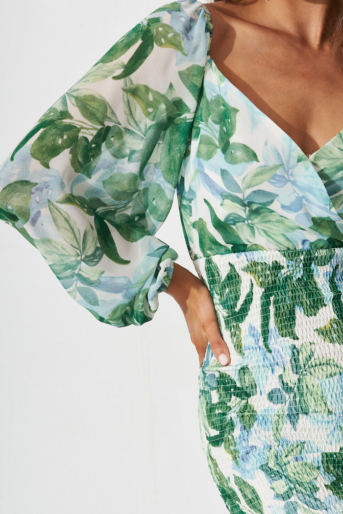 Bernadine Midi Dress In White With Green Floral - St Frock (Dev)