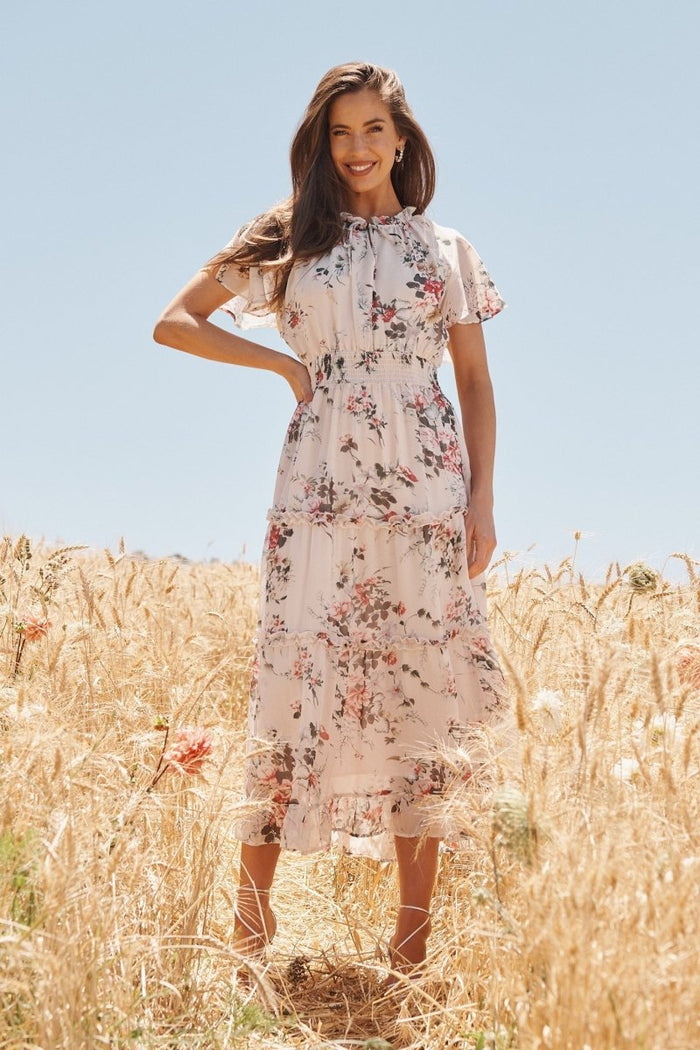Cannie Midi Dress In Cream With Blush Floral Chiffon - St Frock (Dev)