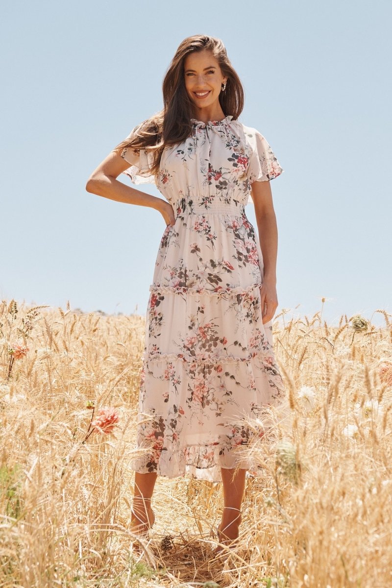 Cannie Midi Dress In Cream With Blush Floral Chiffon - St Frock (Dev)