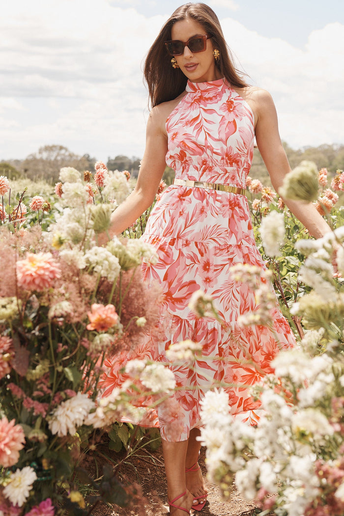 Arcadia Midi Dress In White With Pink Floral - St Frock (Dev)
