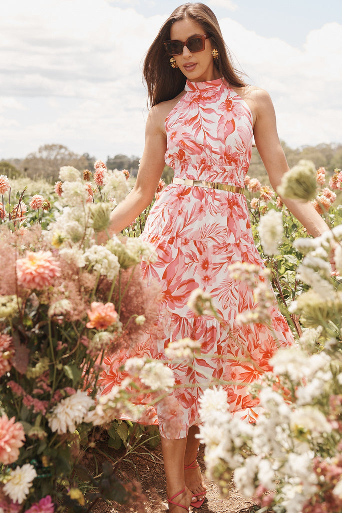 Arcadia Midi Dress In White With Pink Floral - St Frock (Dev)