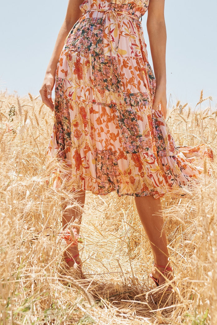Andriana Midi Dress In Blush With Orange And Green Floral Chiffon - St Frock (Dev)