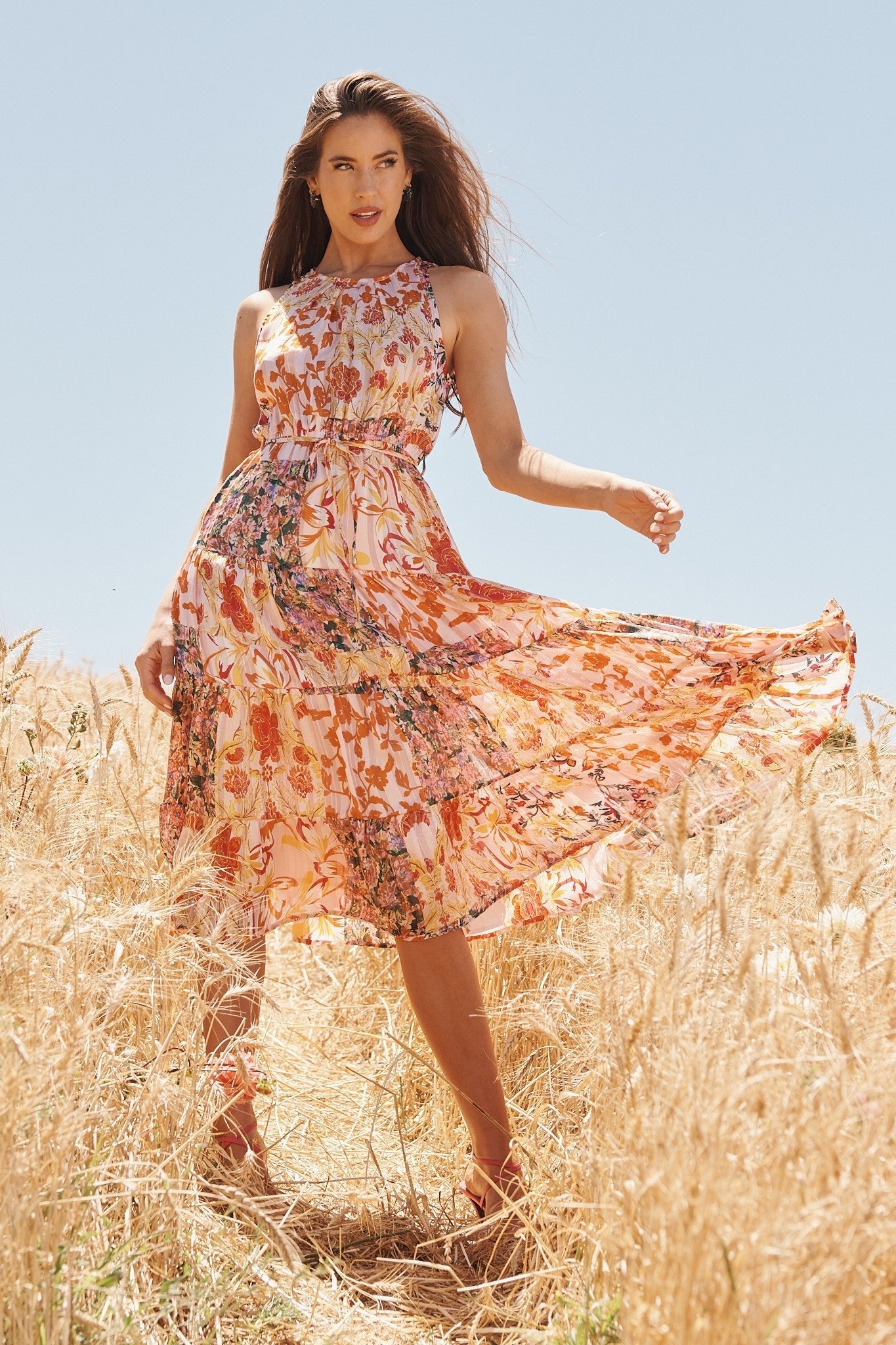 Andriana Midi Dress In Blush With Orange And Green Floral Chiffon - St Frock (Dev)