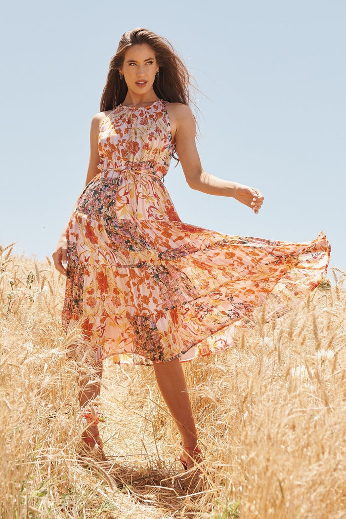 Andriana Midi Dress In Blush With Orange And Green Floral Chiffon - St Frock (Dev)