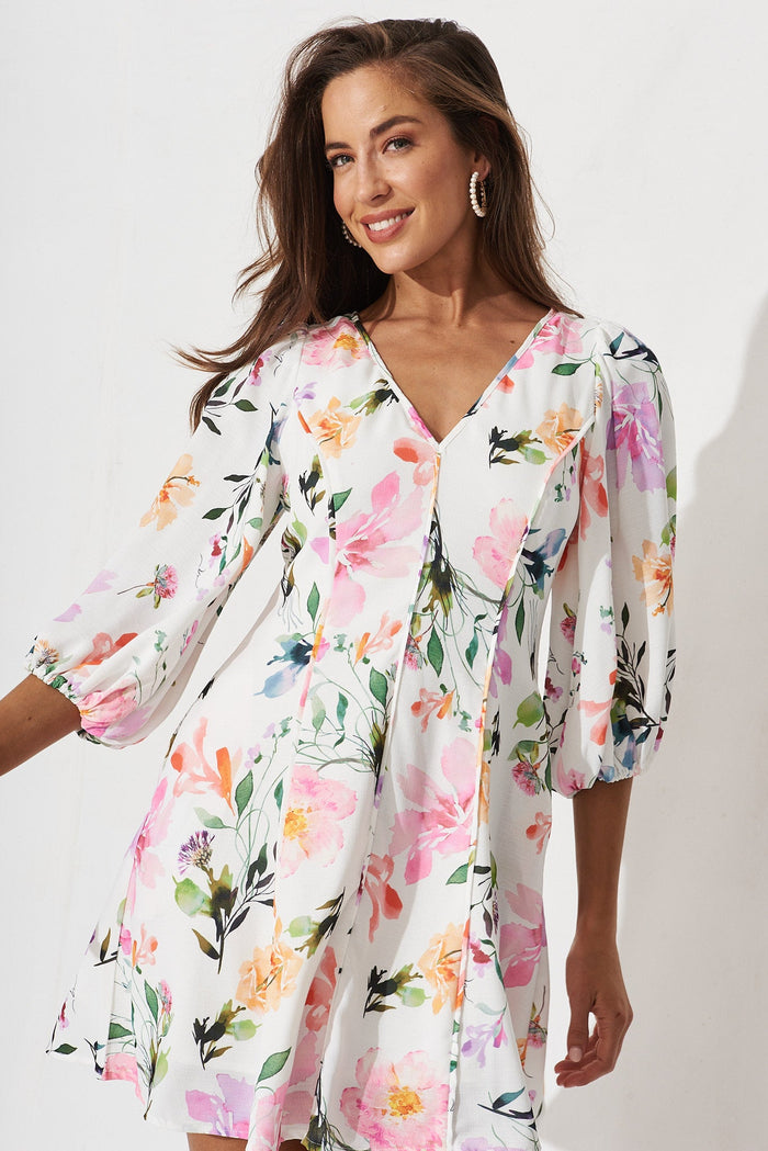 Allina Dress In White With Multi Floral Linen Blend - front