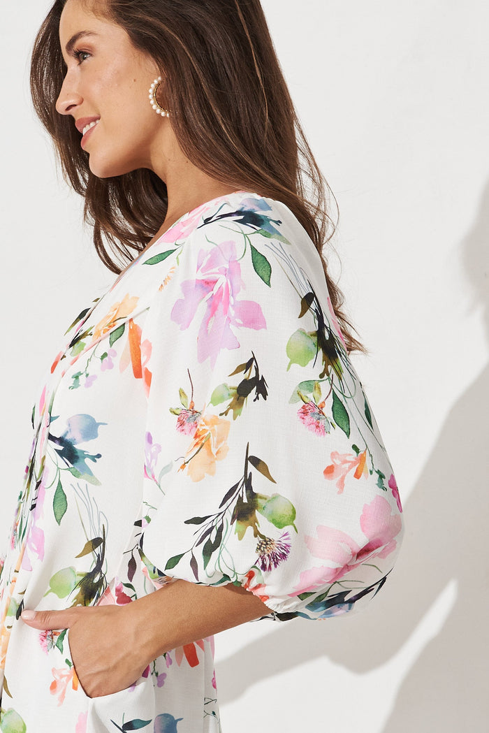 Allina Dress In White With Multi Floral Linen Blend - detail