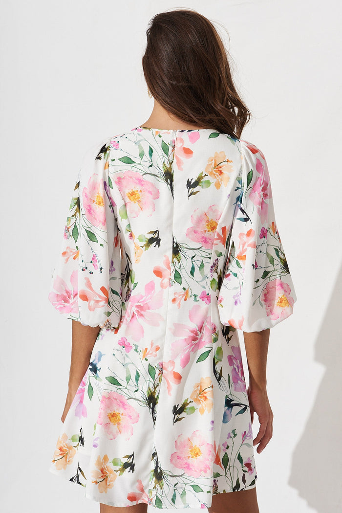 Allina Dress In White With Multi Floral Linen Blend - back