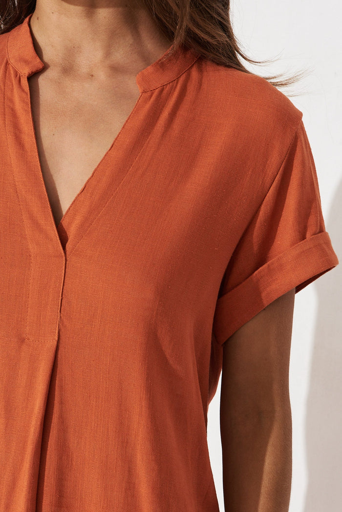 Fairfield Dress In Rust Linen Blend - detail