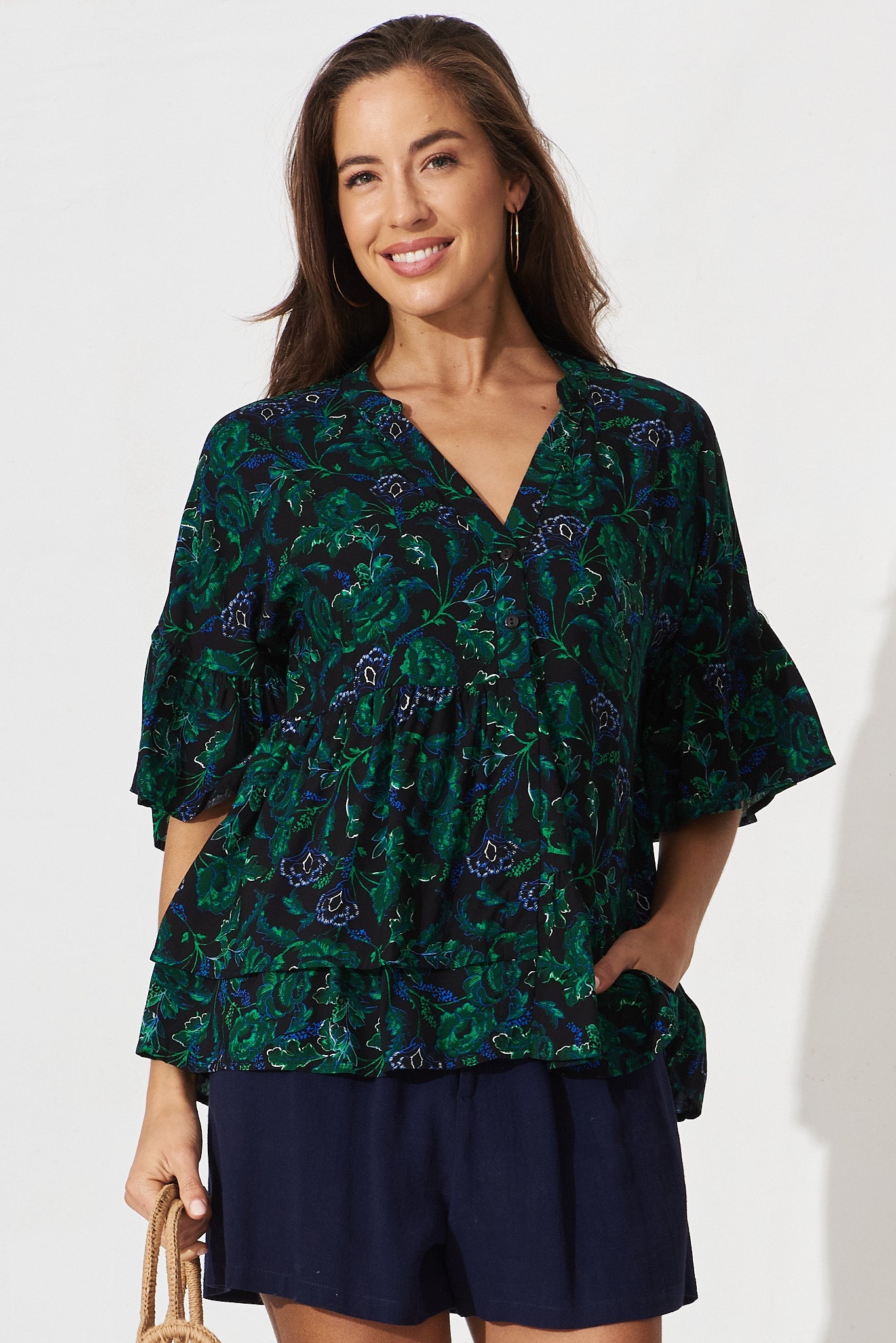 Relia Top In Emerald With Green And Blue Floral - front