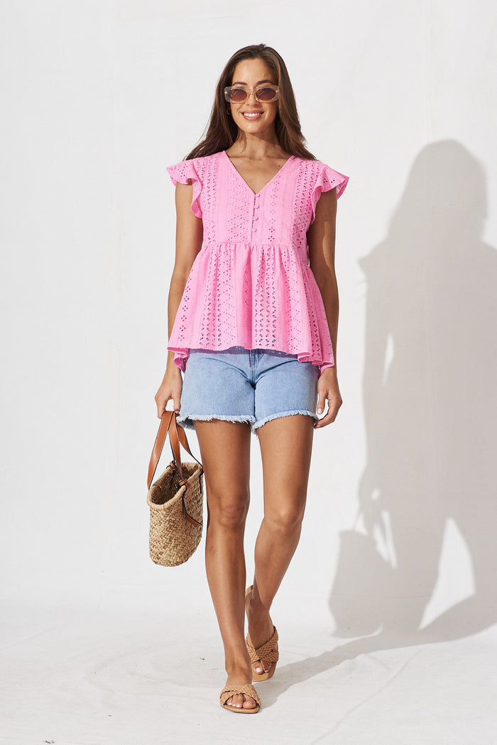 Aspen Top In Pink Broderie Cotton - full length