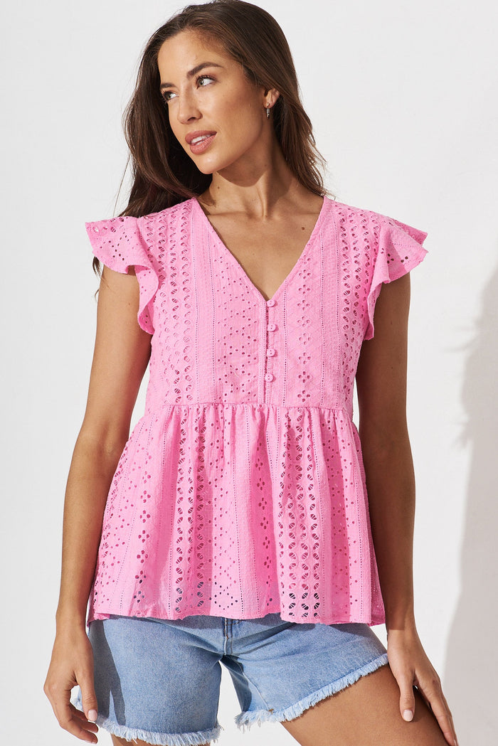 Aspen Top In Pink Broderie Cotton - front