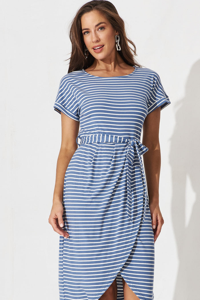 Compton Midi Dress In Blue With White Stripe - front