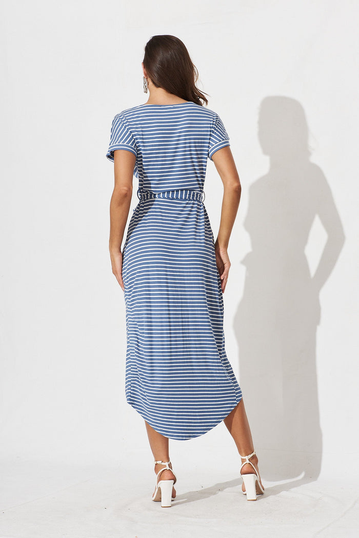 Compton Midi Dress In Blue With White Stripe - back