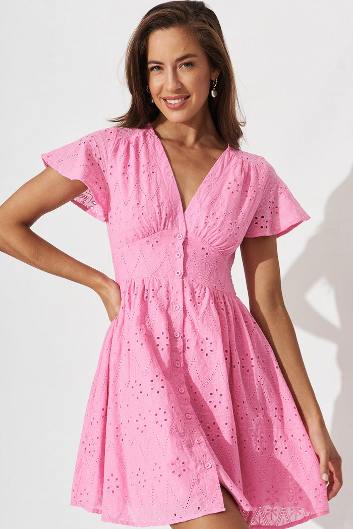 Kylana Dress In Candy Pink Broderie Cotton - front