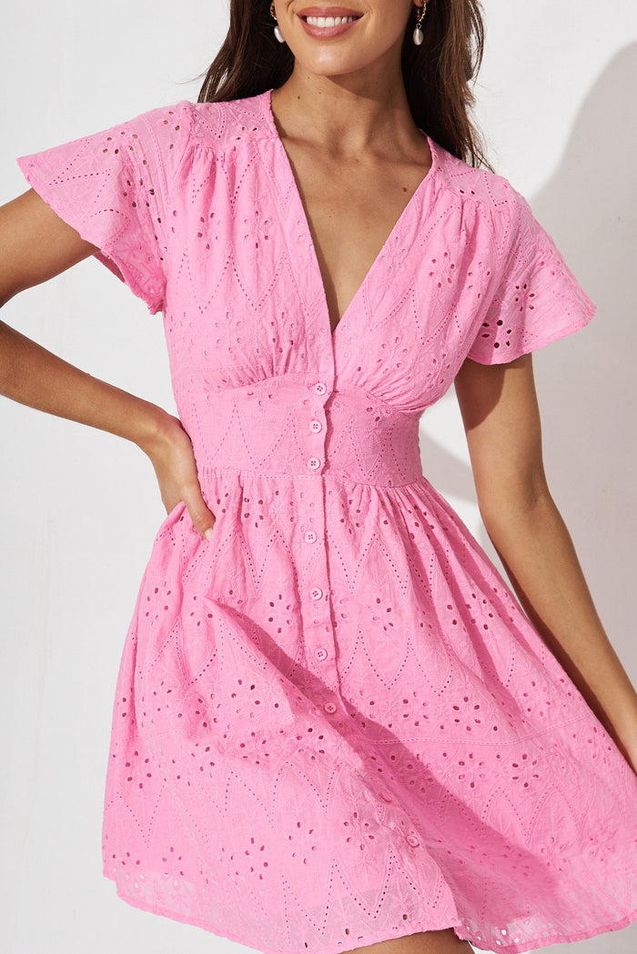 Kylana Dress In Candy Pink Broderie Cotton - detail