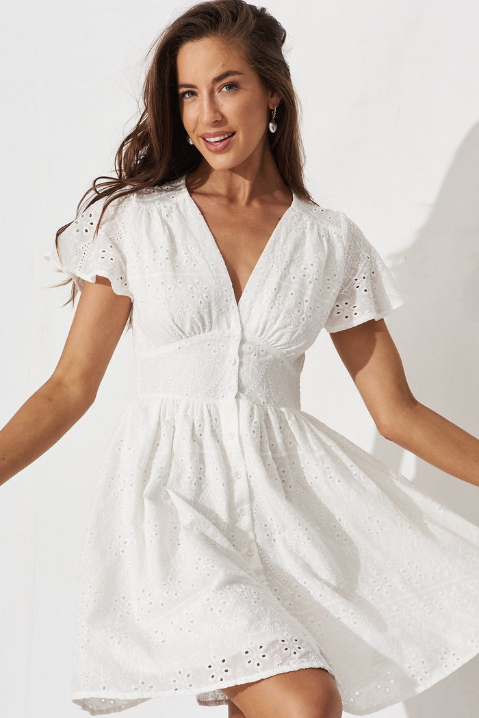 Kylana Dress In White Broderie Cotton - front