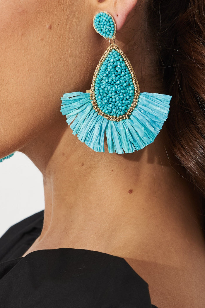 August + Delilah Dheea Drop Earrings In Aqua Blue - side close up
