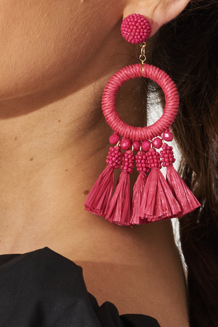 August + Delilah Yala Drop Earrings In Hot Pink - side close up