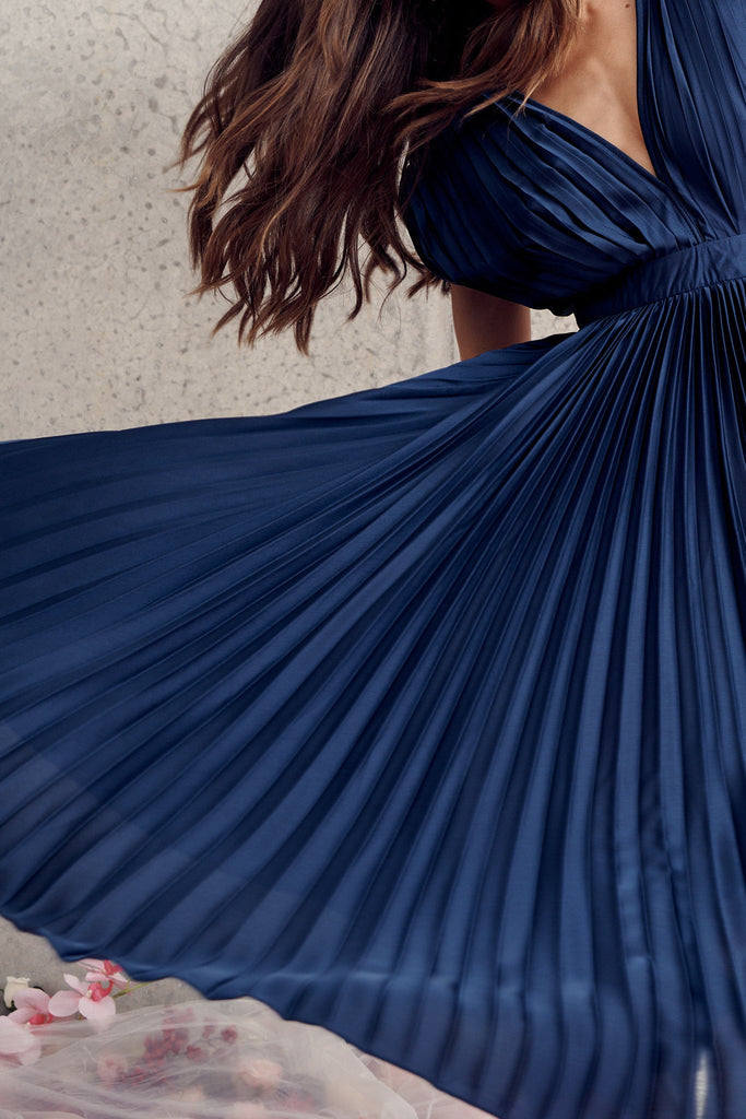 Anetta Midi Dress In Pleated Navy Satin - St Frock (Dev)