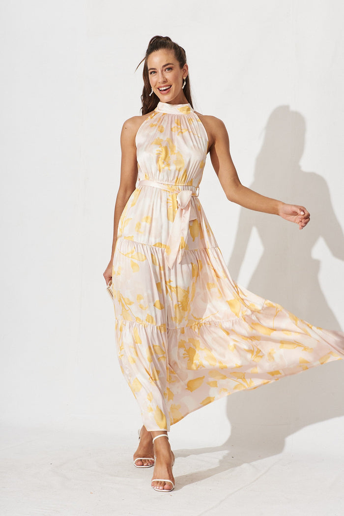 Nadine Maxi Dress In Beige With Yellow Print Satin - full length