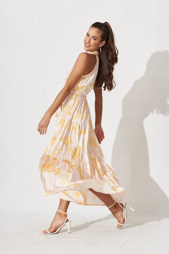 Nadine Maxi Dress In Beige With Yellow Print Satin - side