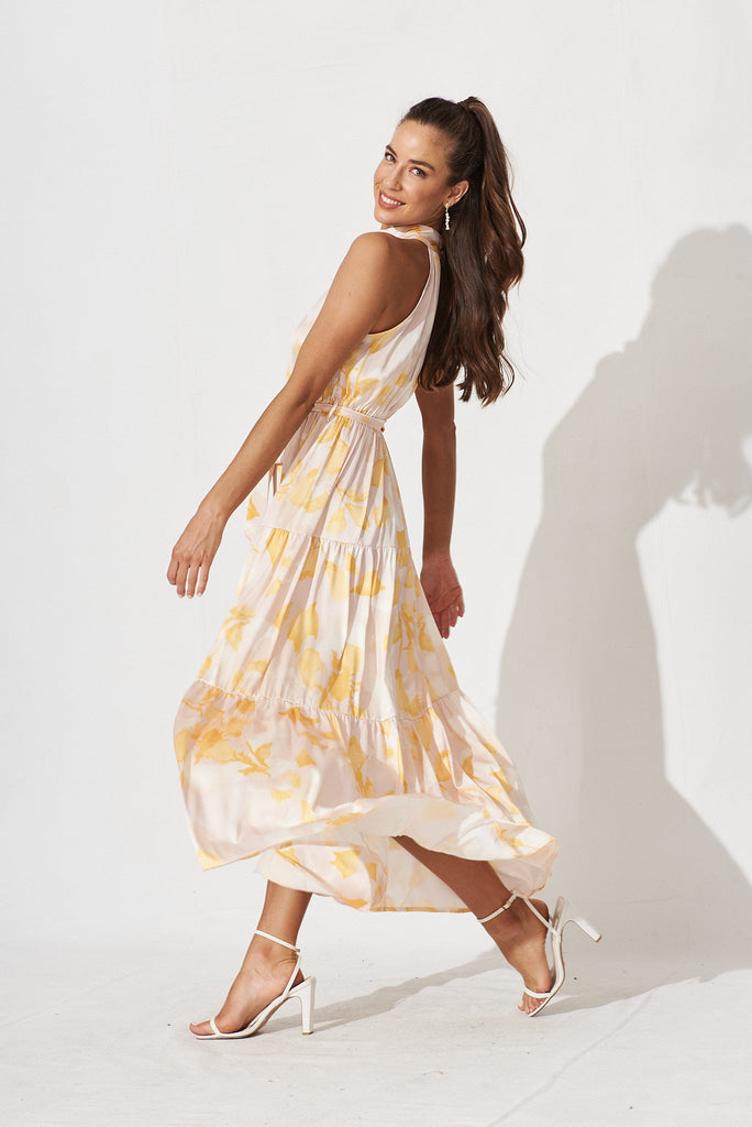 Nadine Maxi Dress In Beige With Yellow Print Satin - side