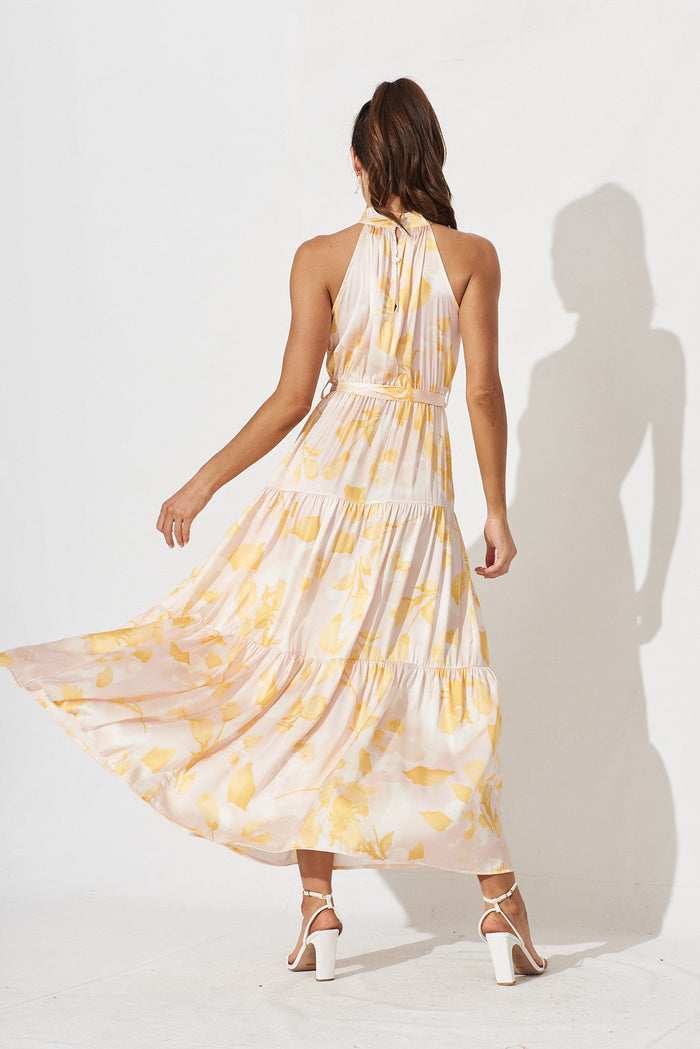 Nadine Maxi Dress In Beige With Yellow Print Satin - back