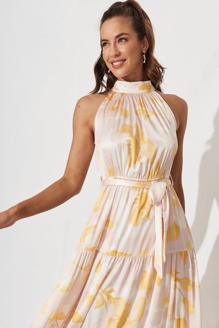Nadine Maxi Dress In Beige With Yellow Print Satin - front