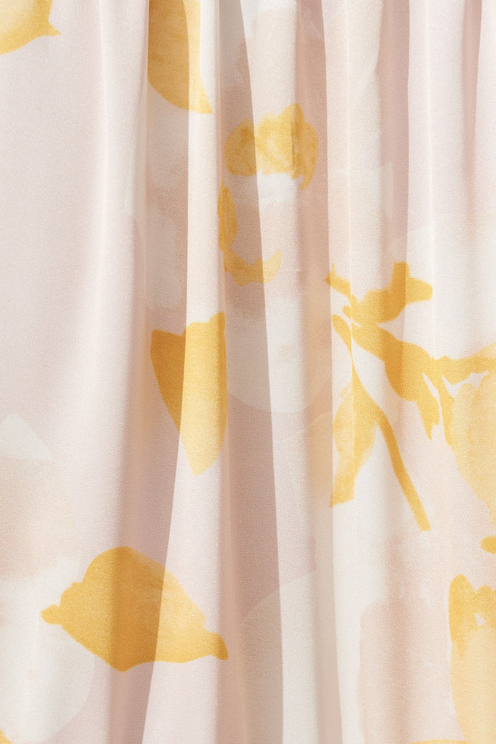 Nadine Maxi Dress In Beige With Yellow Print Satin - fabric