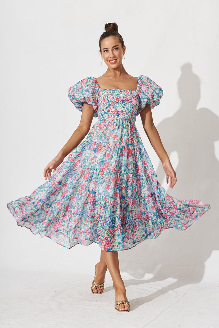 Kaitlyn Midi Dress In Blue Multi Floral - full length