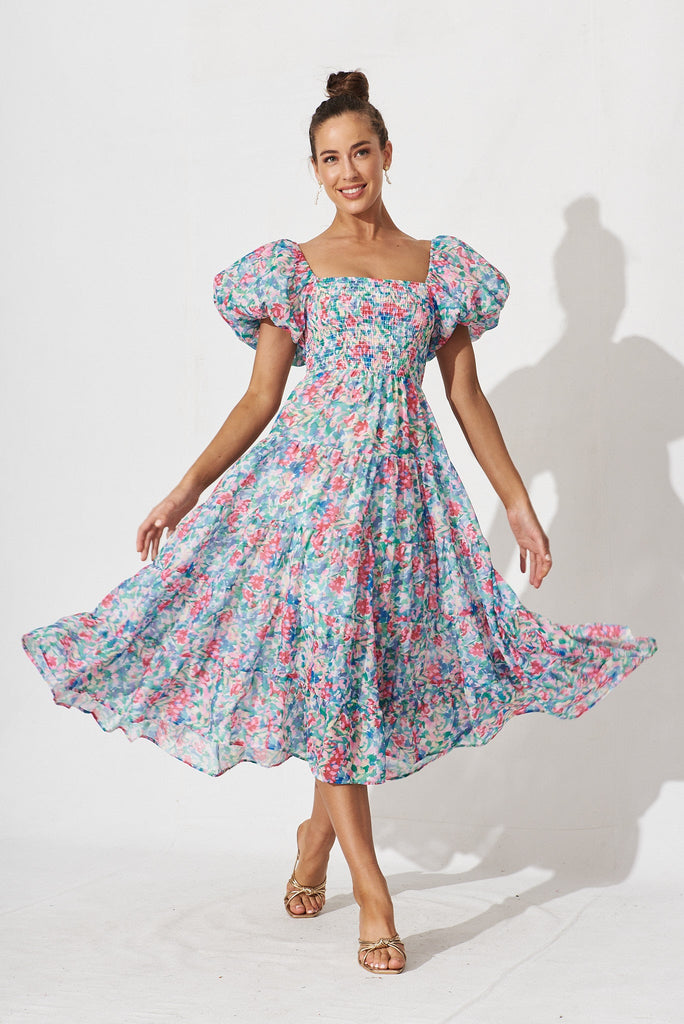 Kaitlyn Midi Dress In Blue Multi Floral - full length