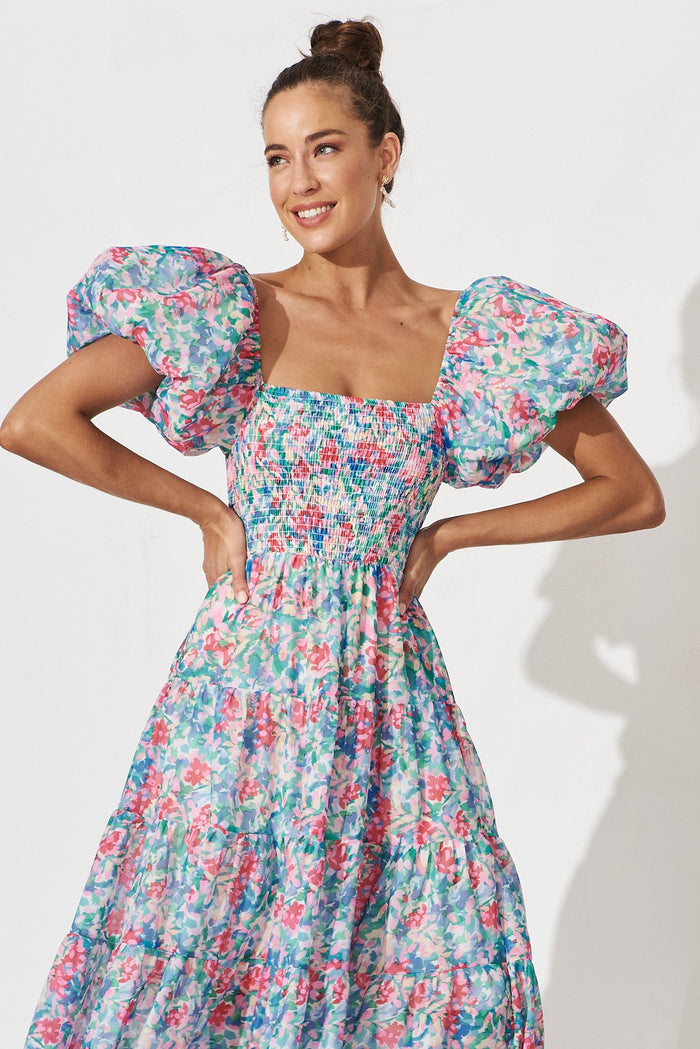 Kaitlyn Midi Dress In Blue Multi Floral - front