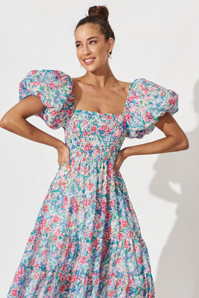 Kaitlyn Midi Dress In Blue Multi Floral - front