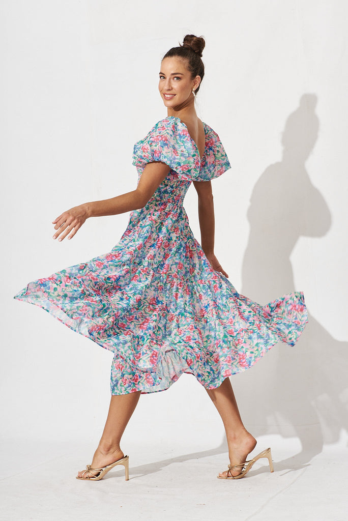 Kaitlyn Midi Dress In Blue Multi Floral - side